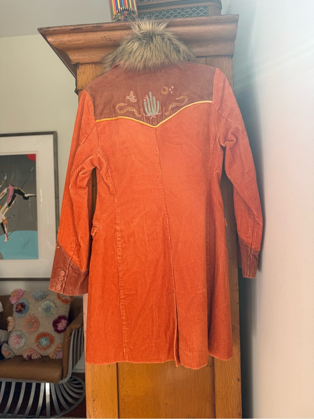 Arizona Designer-Rodeo Orange Corduroy Coat w/ Faux Fur Detachable Collar - Picture 10 of 13